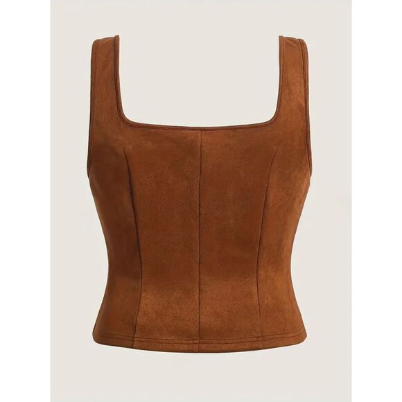 Vintage-Inspired Elegant Brown Crop Top drawstring lace-up front Size 12 - Picture 2 of 5